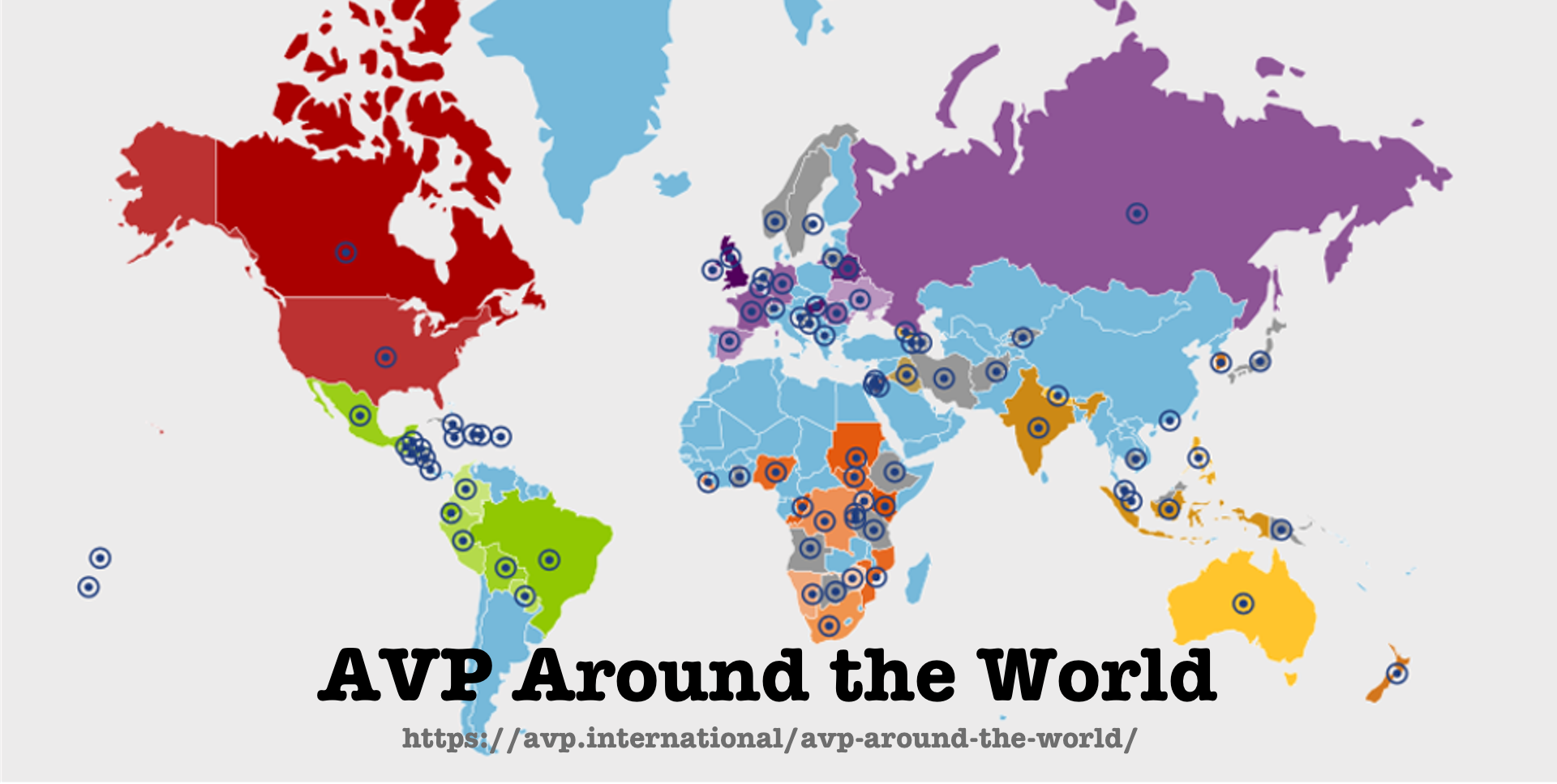 World map with markers for over 50 locations where AVP is active.